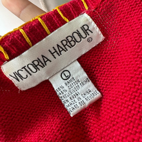 Victoria Harbour Christmas Beaded Sweater Cardigan Red Large Ramie Cotton - Picture 4 of 6